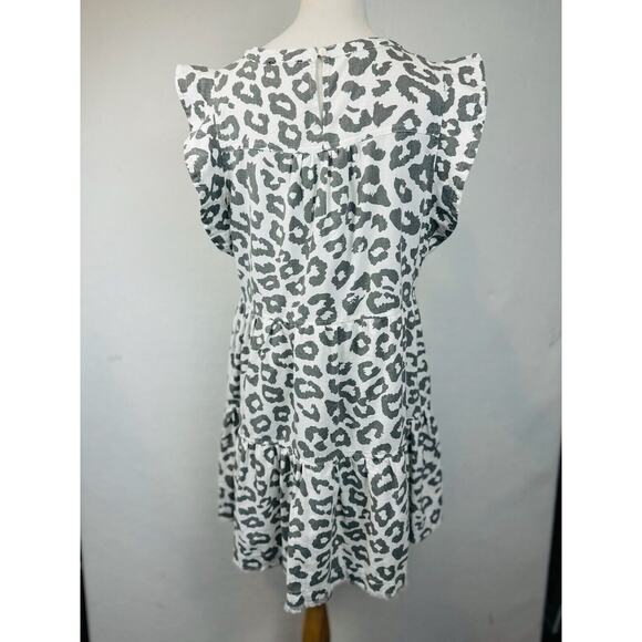 Very J Dress Linen Blend Leopard Print Gray White Size Large Flutter Sleeve - Picture 3 of 10